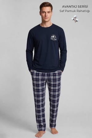 Mısırlı Erkek Pamuk İnce Ekose Pijama Takım Lacivert