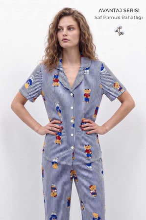 Mısırlı Kadın Pamuk Kısa Kollu Gömlek Pijama Takım Lacivert
