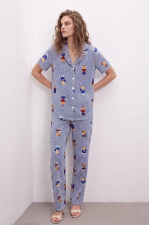 Mısırlı Kadın Pamuk Kısa Kollu Gömlek Pijama Takım Lacivert