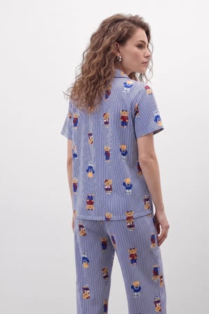 Mısırlı Kadın Pamuk Kısa Kollu Gömlek Pijama Takım Lacivert