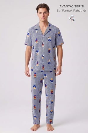 Mısırlı Erkek Pamuk Kısa Kollu Gömlek Pijama Takım Lacivert