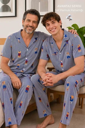 Mısırlı Erkek Pamuk Kısa Kollu Gömlek Pijama Takım Lacivert
