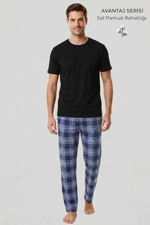 Mısırlı Erkek Pamuk Ekoseli Alt Pijama Mavi