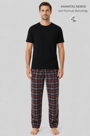 Mısırlı Erkek Pamuk Ekoseli Alt Pijama Oranj