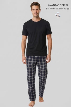 Mısırlı Erkek Pamuk Ekoseli Alt Pijama Saks