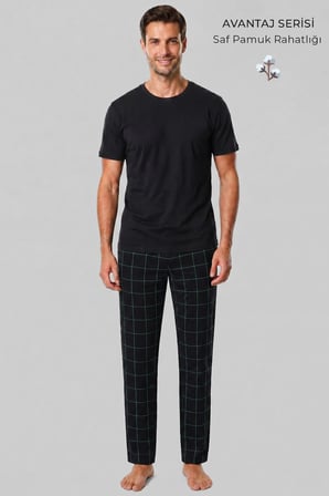 Mısırlı Erkek Pamuk İnce Ekoseli Alt  Pijama Siyah-Mint
