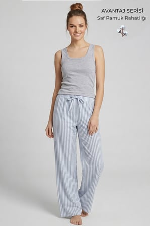Mısırlı Kadın Pamuklu Çizgili Pijama Takım Gri/Mavi