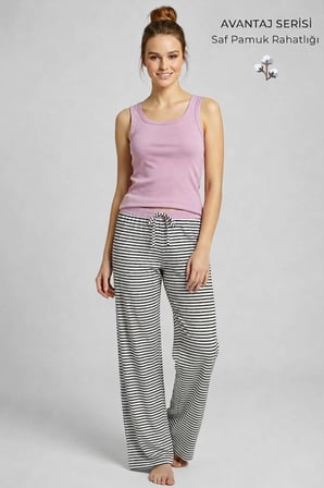 Mısırlı Kadın Pamuklu Çizgili Pijama Takım Lila/Siyah