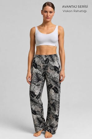 Mısırlı Kadın Viskon Çiçekli Alt Pijama Bej