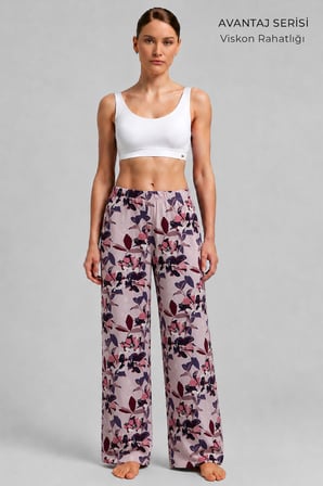 Mısırlı Kadın Viskon Çiçekli Alt Pijama Gül Kurusu