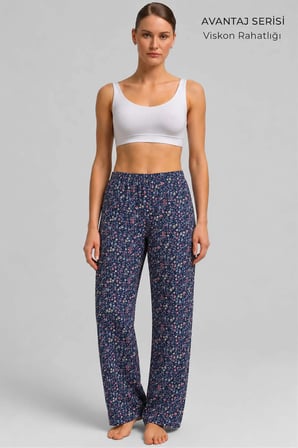 Mısırlı Kadın Viskon Çiçekli Alt Pijama İndigo