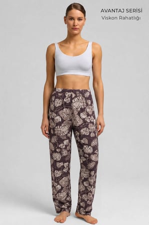Mısırlı Kadın Viskon Çiçekli Alt Pijama Kahverengi