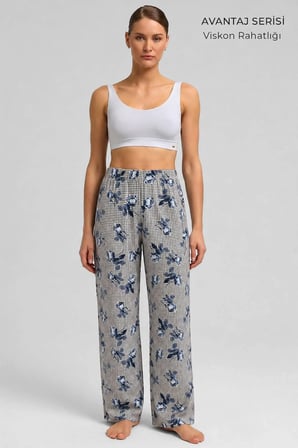 Mısırlı Kadın Viskon Çiçekli Alt Pijama Bej/Lacivert