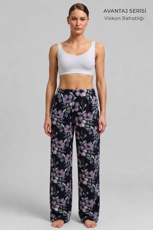 Mısırlı Kadın Viskon Çiçekli Alt Pijama Siyah