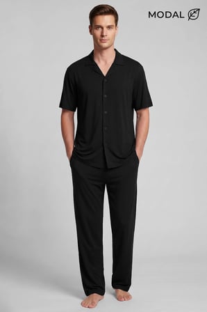 Mısırlı Erkek Modal Karışımlı Düğmeli Pijama Takım Siyah