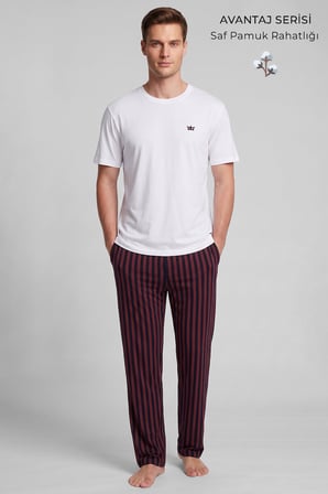 Mısırlı Erkek Pamuk Çizgili Pijama Takım Beyaz-Bordo