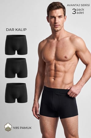 Mısırlı Erkek PAMUKLU DAR (Slim) KALIP Klasik Boxer Üçlü Pack Siyah