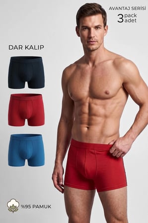 Mısırlı Erkek PAMUKLU DAR (Slim) KALIP Klasik Boxer Üçlü Pack Lacivert-Kırmızı-Sax