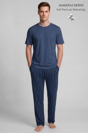 Mısırlı Erkek Pamuk Çizgili Pijama Takım Koyu Lacivert