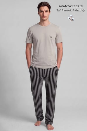 Pamuklu Kısa Kollu Pijama Takım Taş-Siyah Çizgili