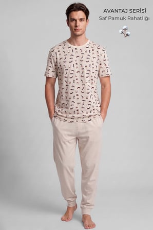Mısırlı Erkek Pamuklu Animal Desenli Pijama Takım Açık Bej