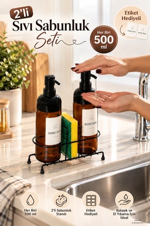 Porsima S-1271 Metal Standlı 2'li Sıvı Sabunluk 500 ml - Mutfak Bulaşık Deterjanlık Seti
