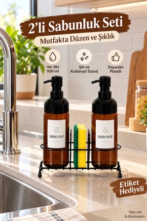Porsima S-1271 Metal Standlı 2'li Sıvı Sabunluk 500 ml - Mutfak Bulaşık Deterjanlık Seti
