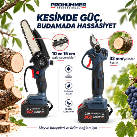 Prohummer PHM011 Profesyonel Akülü Kömürsüz Motor 2li Bahçe Seti - 32mm Dal Budama Makası, 15cm Dal Budama Testeresi 21V 3ah Çift Batarya