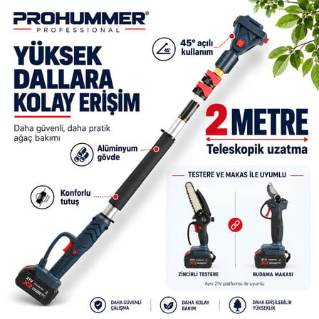 Prohummer PHM012 Akülü Profesyonel Teleskopik Kollu 4lü Bahçe Seti - Dal Budama Makası, Dal budama Testeresi, Çim Biçme Makinesi ve 2mt Uzatma Kolu 21V 3Ah