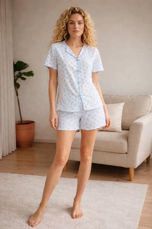 Minimal Desenli Kısa Kollu Kadın Şortlu Pijama Takımı – Alaçatı Desenli Yazlık Kadın Pijama Takımı – Şortlu Ev Giyim