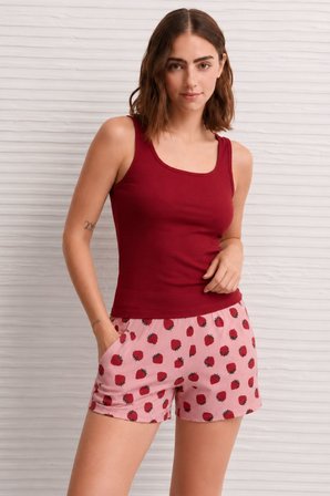 Kadın Çilek Desenli Şortlu Pijama Takımı Bordo Basic Atletli Ev Giyim- Rahat Yazlık Takım