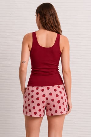 Kadın Çilek Desenli Şortlu Pijama Takımı Bordo Basic Atletli Ev Giyim- Rahat Yazlık Takım
