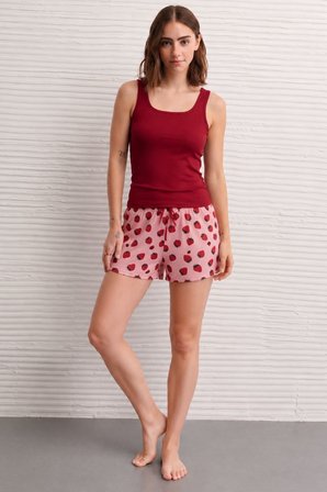 Kadın Çilek Desenli Şortlu Pijama Takımı Bordo Basic Atletli Ev Giyim- Rahat Yazlık Takım