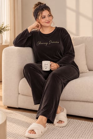 Nisanca Büyük Beden Kadife Kadın Pijama Takımı - Süper Soft Kadife 