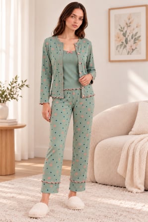 Kadın Premium Soft 3 Parça Pijama Takımı – Pinterest Tarzı Desenli, Yumuşak Dokulu, Düğmeli Hırkalı Şık Ev Giyim Seti