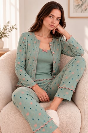 Kadın Premium Soft 3 Parça Pijama Takımı – Pinterest Tarzı Desenli, Yumuşak Dokulu, Düğmeli Hırkalı Şık Ev Giyim Seti