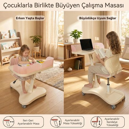 Bonny Mobil Çocuk Çalışma Masası ve Sandalye Seti Pembe