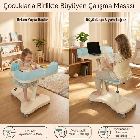 ErgoKids Bonny Mobil Çocuk Çalışma Masası ve Sandalye Seti Mavi