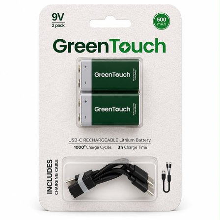 GreenTouch 9V USB-C Şarj Edilebilir Pil — 2'li