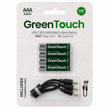 GreenTouch AAA USB-C Şarj Edilebilir İnce Kalem Pil — 4'lü