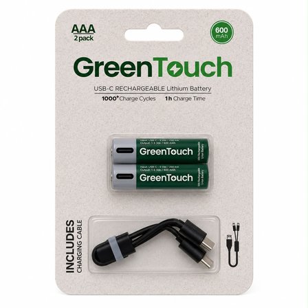 GreenTouch AAA USB-C Şarj Edilebilir İnce Kalem Pil — 2'li