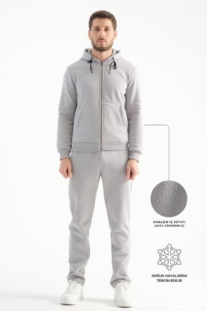 Açık Gri Kışlık Erkek Eşofman Takımı Thermosoft Teknolojisi Içi Kuzu Görünümlü Regular Kalıp AÇIK GRİ xl