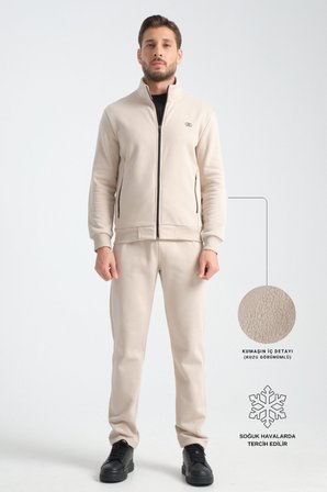Bej Kışlık Erkek Eşofman Takımı Thermosoft Teknolojisi Içi Kuzu Görünümlü Regular Kalıp BEJ xl