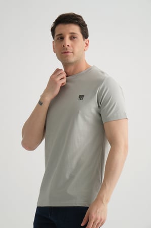 Gri Shooter Erkek Pamuklu Esnek T-shirt  Standart Kalıp Minimal Logolu