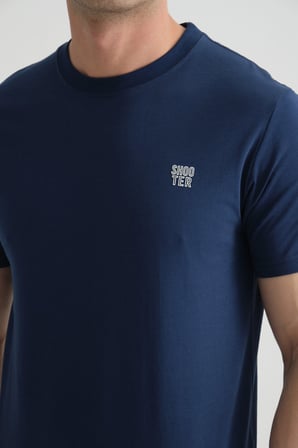 İndigo Shooter Erkek Pamuklu Esnek T-shirt  Standart Kalıp Minimal Logolu