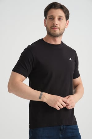 Siyah  Erkek T-shirt Nefes Alabilen Esnek Pamuklu Kumaş Regular Kalıp Minimal Logolu