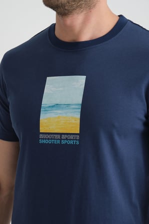 İndigo Erkek T-Shirt %100 Pamuk Minimalist Tasarım Regular Kalıp Baskılı