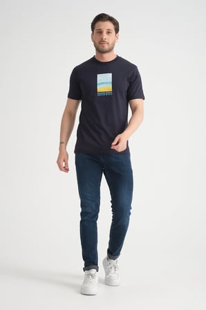 Lacivert Erkek T-Shirt %100 Pamuk Minimalist Tasarım Regular Kalıp Baskılı