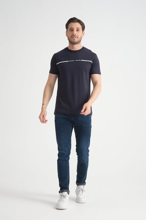 Lacivert Erkek Tişört %100 Pamuk Nefes Alan Bisiklet Yaka Regular Fit