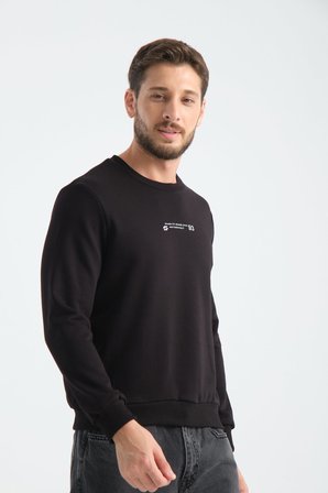 Siyah Erkek Üç İplik Sweatshirt Regular Fit Pamuklu Bisiklet Yaka Günlük Spor Basic